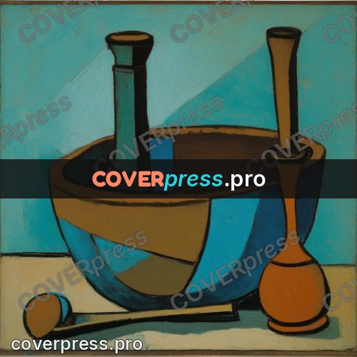 Picasso style drawing: bowl and jug on a table