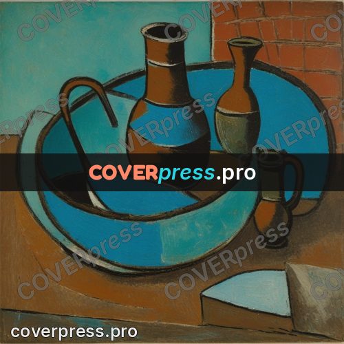 Picasso style drawing: bowl and jug on a table