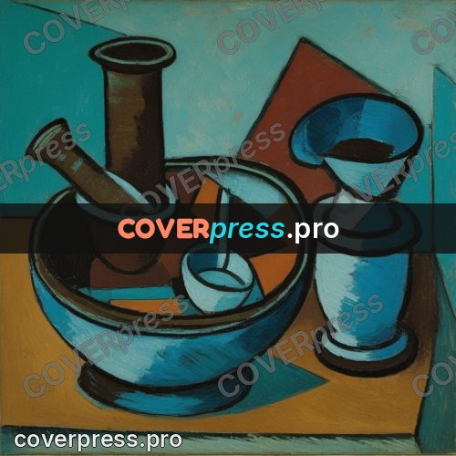 Picasso style drawing: bowl and jug on a table