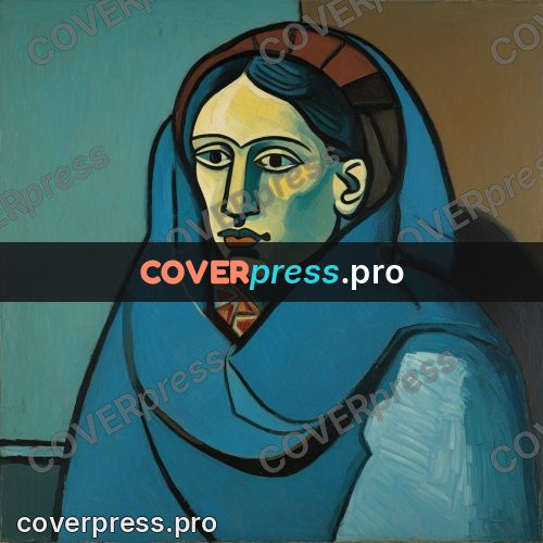 Picasso style drawing: woman in a blue shawl