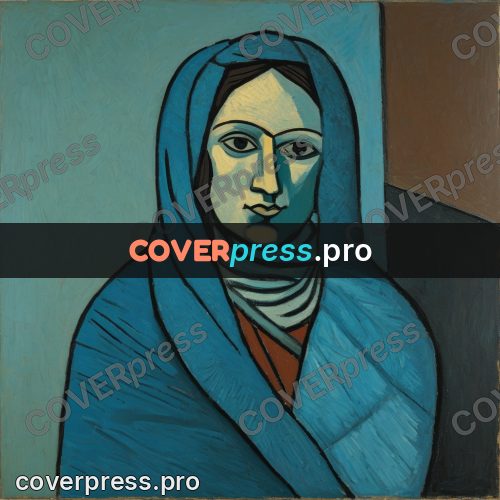 Picasso style drawing: woman in a blue shawl