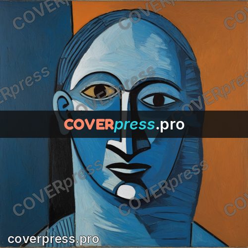 Picasso style drawing: blue face facing forward
