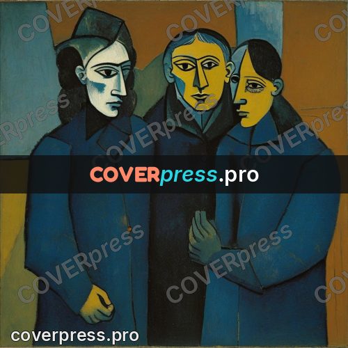 Picasso style drawing: people in coats standing together