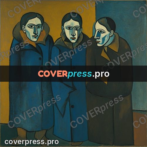 Picasso style drawing: people in coats standing together