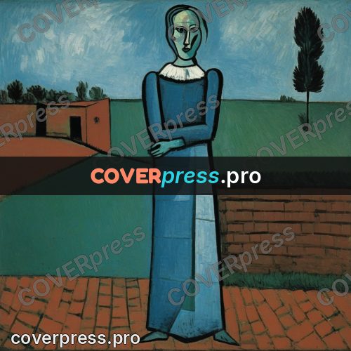 Picasso style drawing: woman in a long blue dress