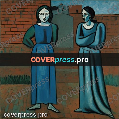 Picasso style drawing: woman in a long blue dress
