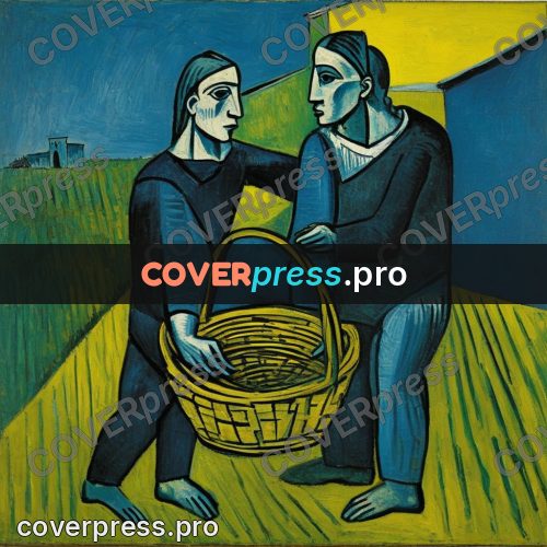 Picasso style drawing: wicker basket in a field