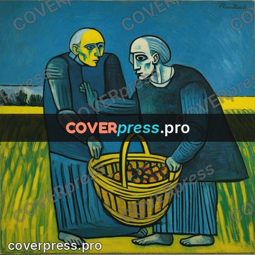 Picasso style drawing: wicker basket in a field