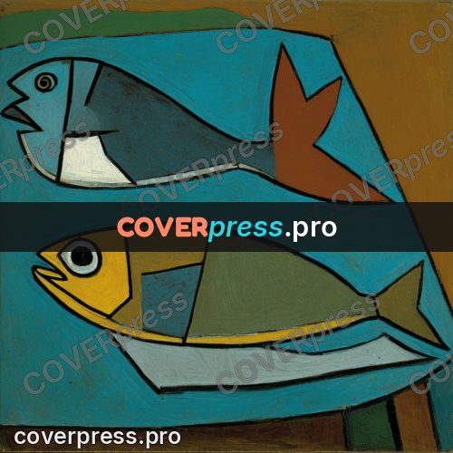 Picasso style drawing: fish on a turquoise background