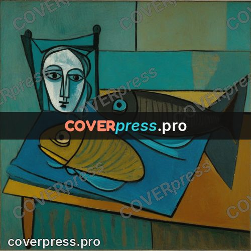 Picasso style drawing: fish on a turquoise background