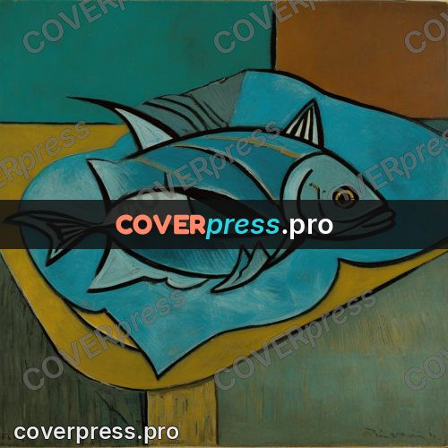 Picasso style drawing: fish on a turquoise background