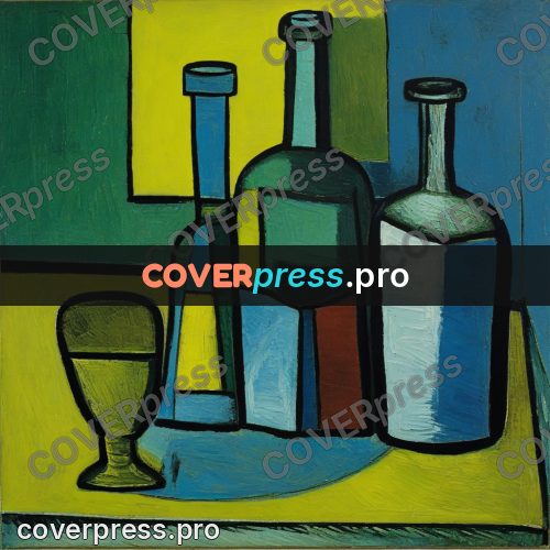 Picasso style drawing: bottles and a glass