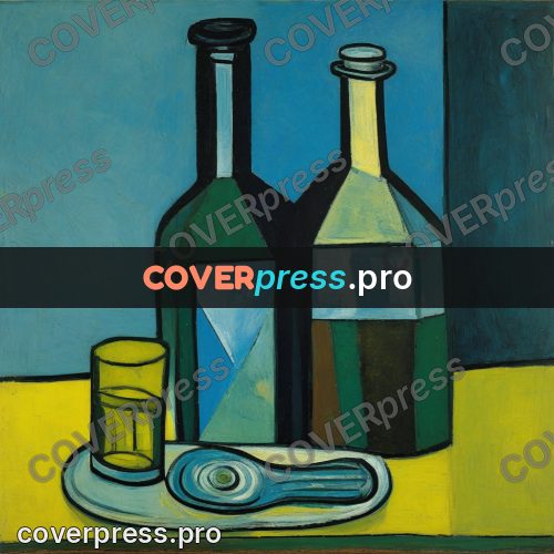 Picasso style drawing: bottles and a glass
