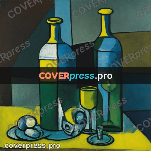 Picasso style drawing: bottles and a glass