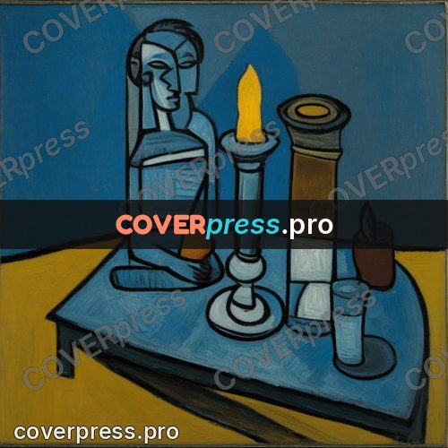 Picasso style drawing: burning candle on a table