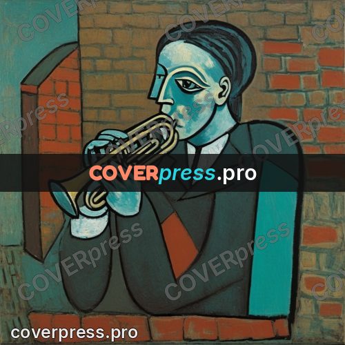Picasso style drawing: person playing a trumpet
