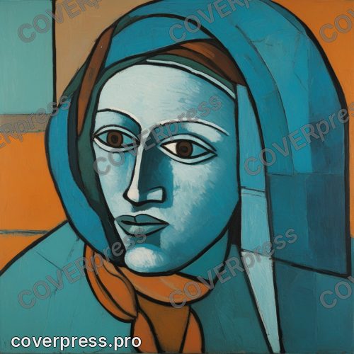 В стиле Пикассо: живопись плоскостями, жирный тёмный контур, холодная синяя гамма