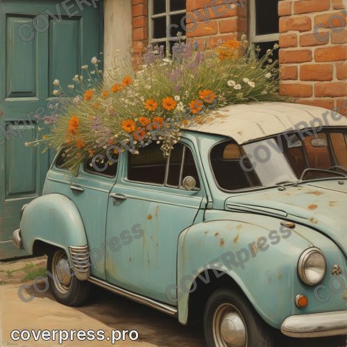 В стиле Пин-ап 40-х: букет полевых цветов в бумажном кульке лежит на капоте автомобиля и занимает две трети