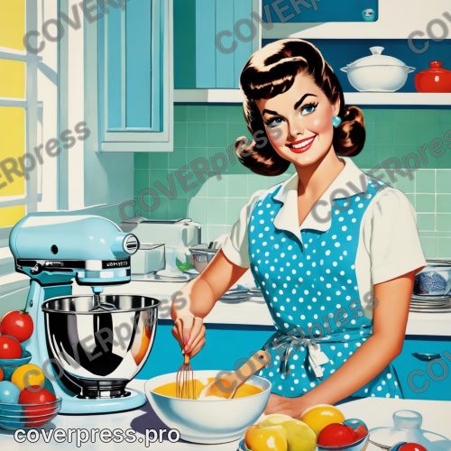 В стиле Пин-ап 60-х: настольный миксер и миска с кремом стоят на кухонном столе и занимают половину кадра