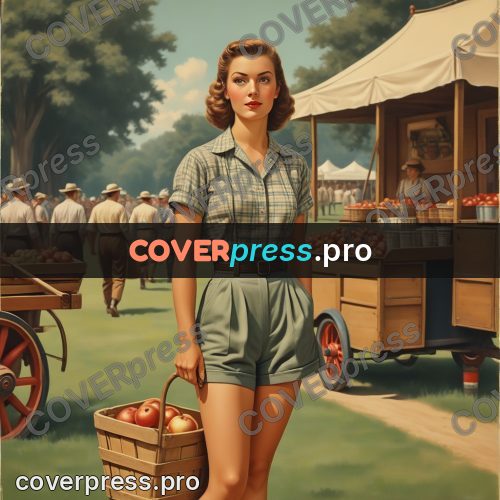 Pin up illustration: woman by a cart of apples