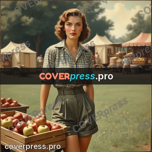 Pin up illustration: woman by a cart of apples
