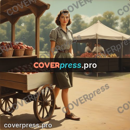 Pin up illustration: woman by a cart of apples