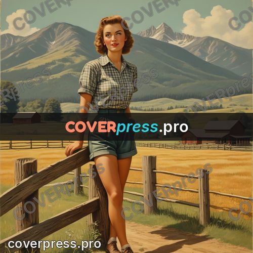 Pin up illustration: woman by a mountain fence