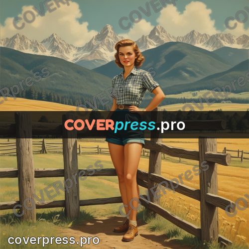 Pin up illustration: woman by a mountain fence