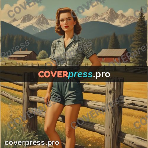 Pin up illustration: woman by a mountain fence