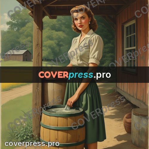 Pin up illustration: woman by a wooden barrel