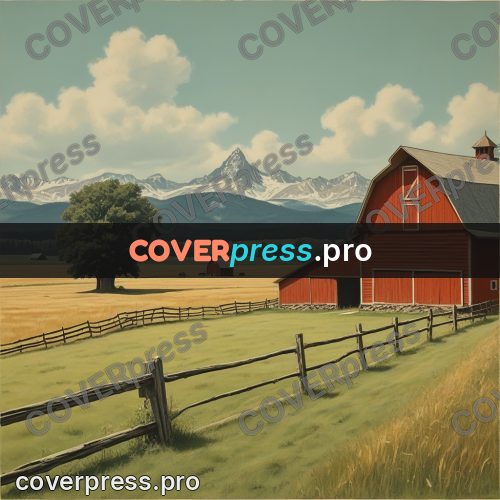 Pin up illustration: red barn behind a fence