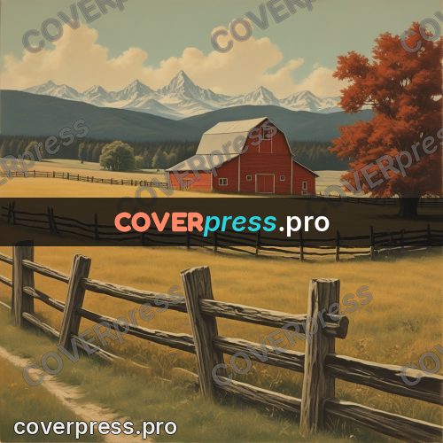 Pin up illustration: red barn behind a fence