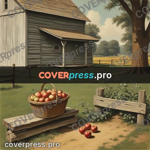 Pin up illustration: basket of apples by a barn