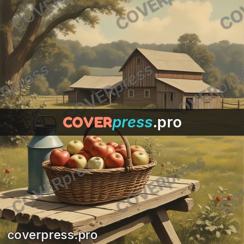 Pin up illustration: basket of apples by a barn