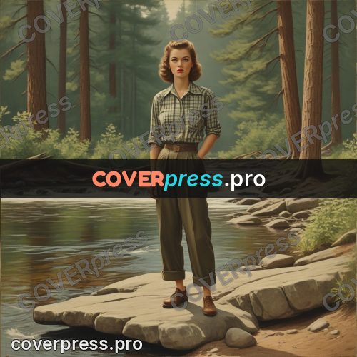 Pin up illustration: woman by a forest river