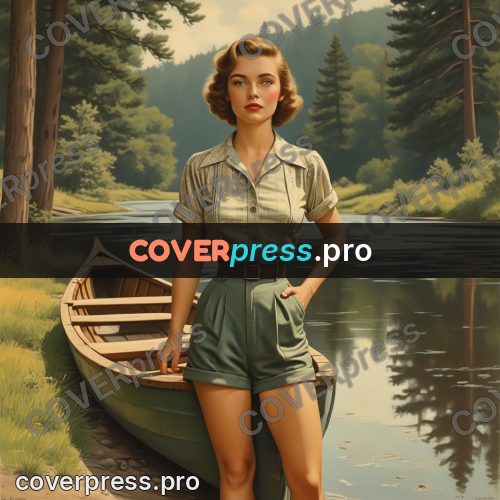Pin up illustration: woman by a beached canoe