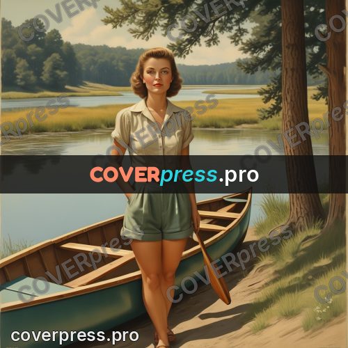 Pin up illustration: woman by a beached canoe