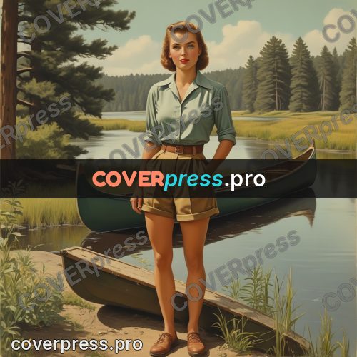 Pin up illustration: woman by a beached canoe