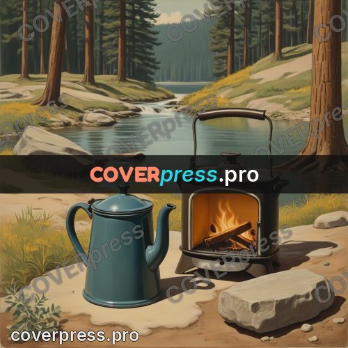 Pin up illustration: kettle and cups by a river