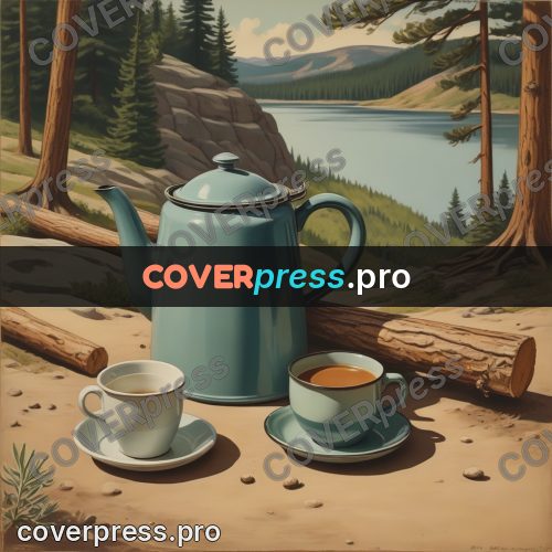Pin up illustration: kettle and cups by a river