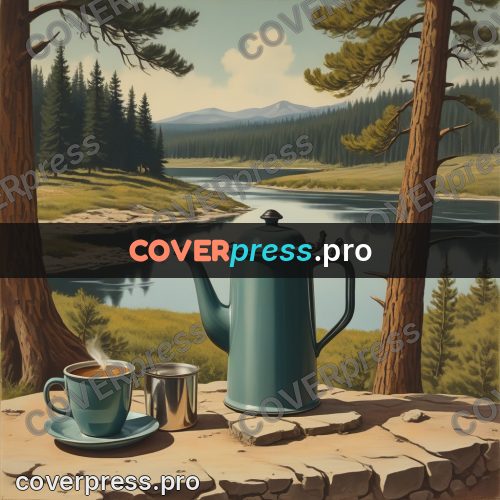Pin up illustration: kettle and cups by a river