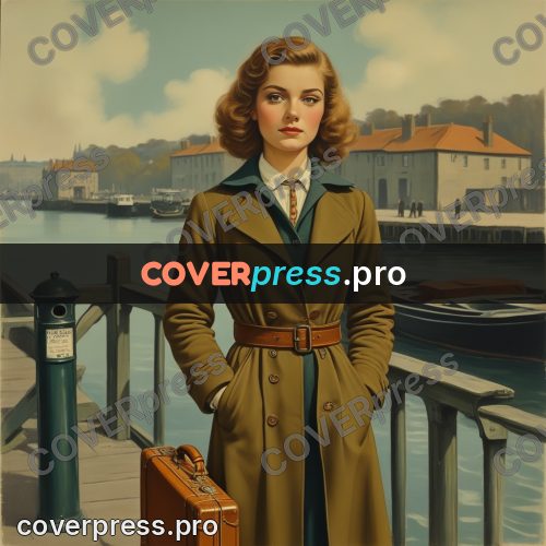 Pin up illustration: woman on a quay with luggage