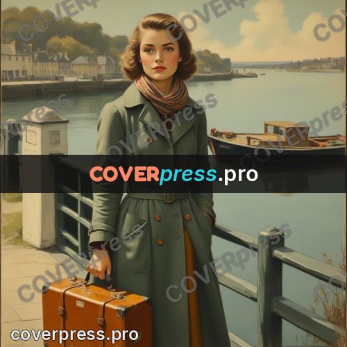 Pin up illustration: woman on a quay with luggage