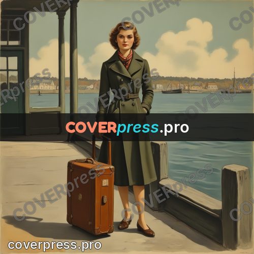 Pin up illustration: woman on a quay with luggage