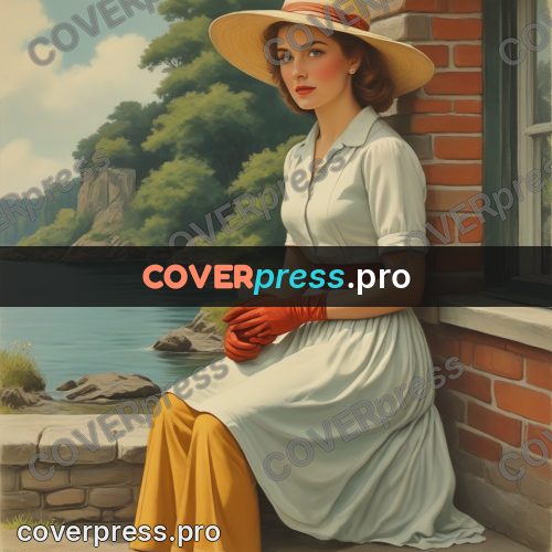 Pin up illustration: woman in a hat by water