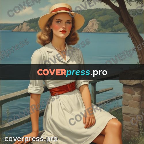 Pin up illustration: woman in a hat by water
