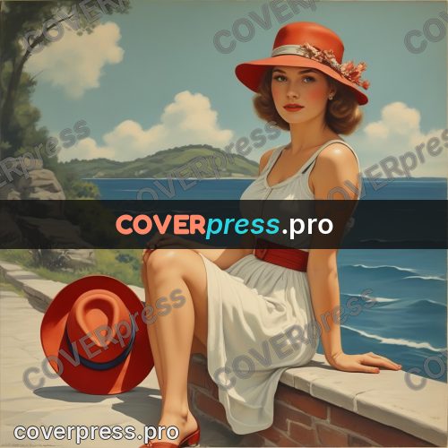 Pin up illustration: woman in a hat by water