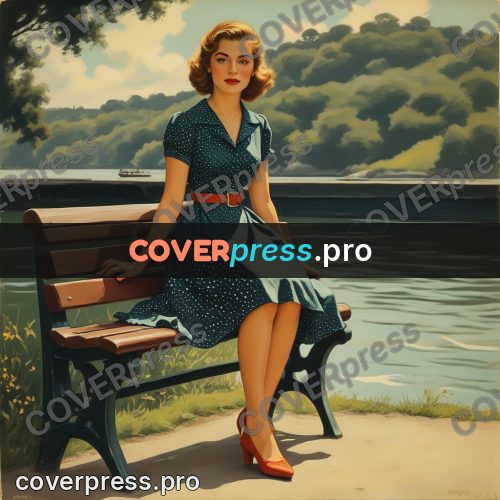 Pin up illustration: woman on a bench by water