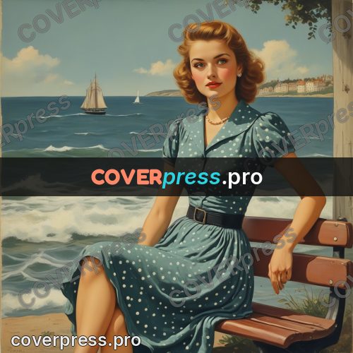 Pin up illustration: woman on a bench by water