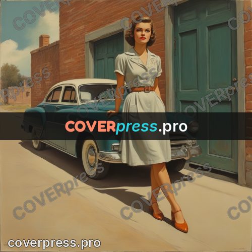 Pin up illustration: woman by an old car